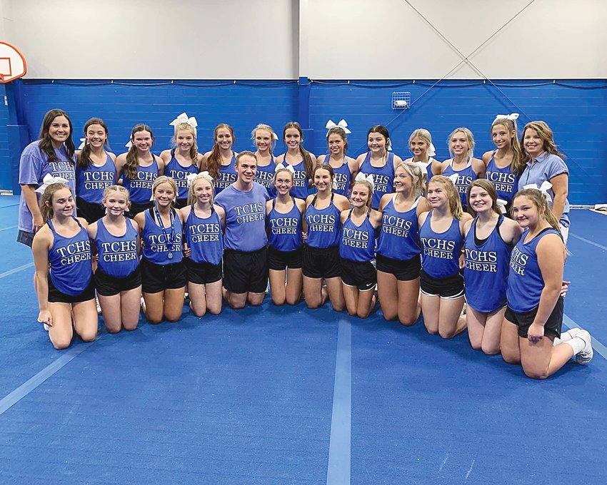 TCHS Cheer 2022-23: Front, from left: Ava Reed, Amberly Bullard, Katie Hollon, Maggie Tucker, Alex Turner, Audrey Williams, Laney Counce, Katherine Roberts, Margaret Claire Riley, Taylor James, Madison Calvert, Olivia Lambert. Back: Coach Laura Beth Lambert, Abigail Robinson, Madelyn Robinson, Madelyn Booker, Alaina Hyde, Emily Barnes, Eden Akers, Ainsley Marlar, Chloe Hensley, Emma Glover, Elisabeth Williams, Miley Roberts, and Coach Monica Barnes. Not pictured- Lila Grace Sanderson, Kaylen Maxcy, and Addison Butler