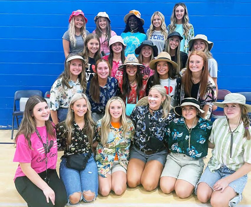 TCHS Cheerleaders show their school spirit this week during Homecoming Spirit Week. left to right 1st Row - Seniors: Madi Calvert, Katie Hollon, Maggie Tucker, Margaret Claire Riley, Kaylen Maxcy, and Taylor James. 2nd Row - Juniors: Emily Kate Barnes, Alaina Hyde, Eden Akers, Ainsley Marlar, and Addison Butler. 3rd Row - Sophomores: Madelyn Booker, Madelyne Robinson, Elisabeth Williams, Miley Roberts, and Emma Glover. Top Row - Freshmen: McKenleigh Wolford, London Wilson, Dakiera Dilworth, Ainsley Estes, and Madison Daily.