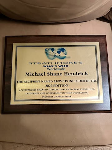 Plaque Received by Hendrix from Strathmore's Who's Who