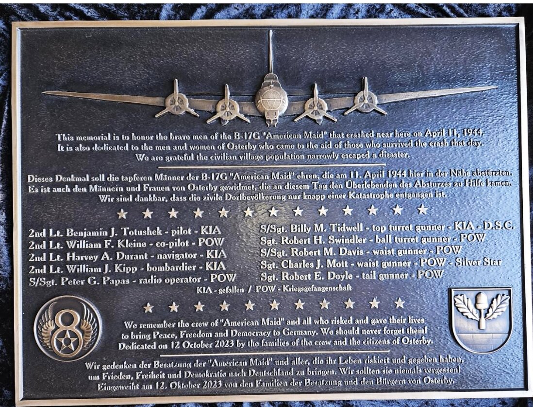 Monument Plaque that Remembers Those that Lost Their Life in the Crash of the American Maid. Billy Tidwell is Among Those Remembered.