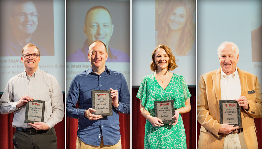 Grace College professors Dr. Tom Edgington, Dr. Matt Harmon, professor Jodi Hason and professor Steven Alley were honored recently for their outstanding contributions to the institution’s culture of service and academic excellence.