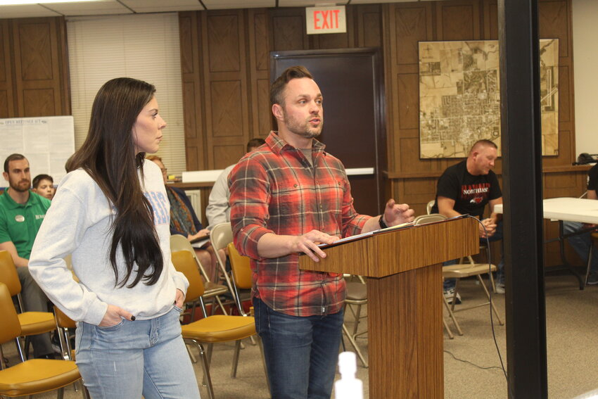 Jennifer (left) and Breland Ridenour came before the Wayne City Council to discuss their new business, Blends and Boards, and request $10,000 in LB840 Revolving Loan funds.