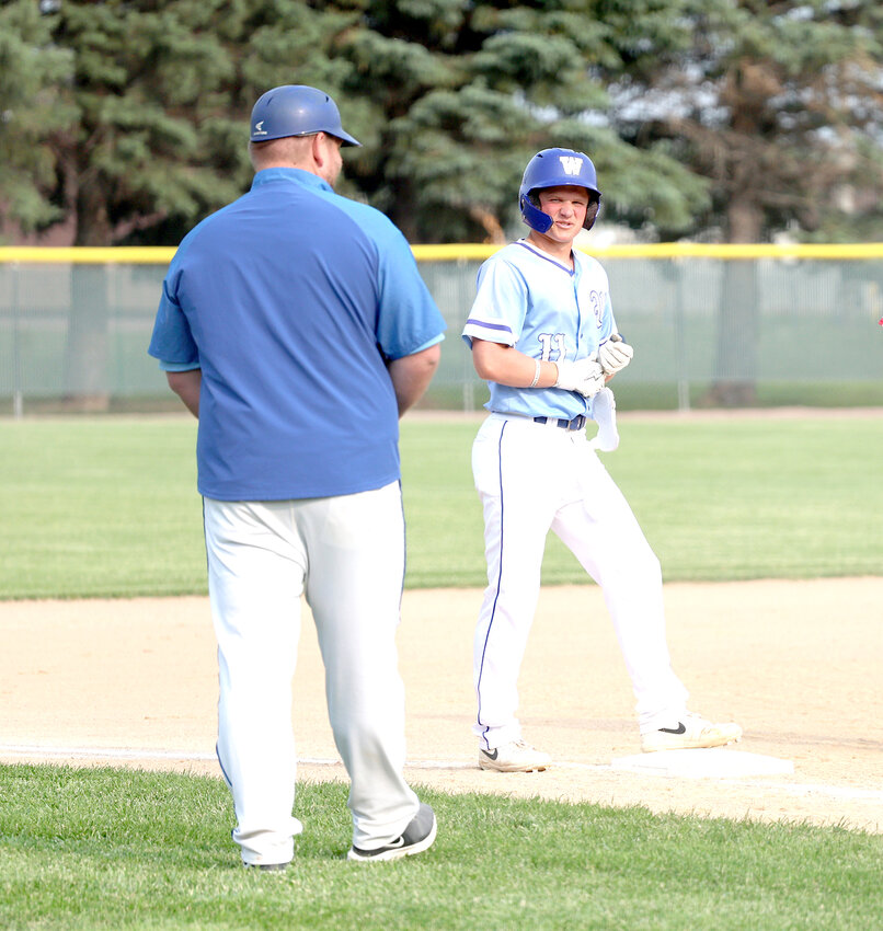 It was a busy day for the two-way player, Jaxson Kneifl as he catches his breath on third base during the first of two games on June 9 for Wayne Post 43. Kneifl totaled five hits (two doubles, one triple), four RBI and five runs scored for both teams.
