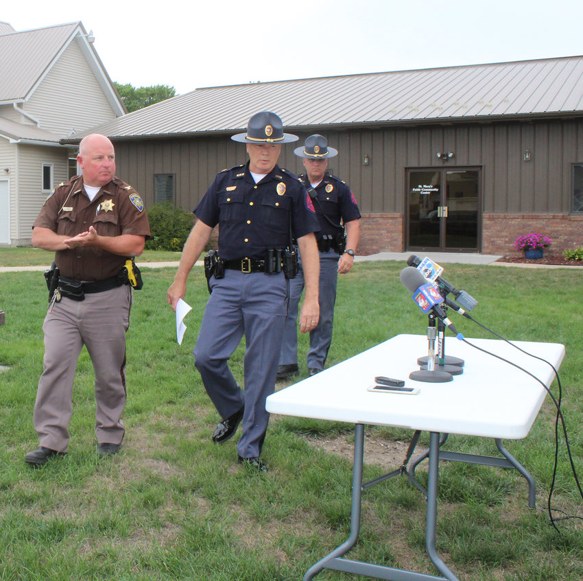 Cedar County Larry Koranda (left) and Nebraska State Patrol Colonel John Bolduc spoke at a press release in Laurel.