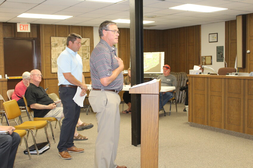 Brent Ogle (left) and Kirk Diers spoke to the council on their request for $200,000 of LB840 Revolving Loan funds.
