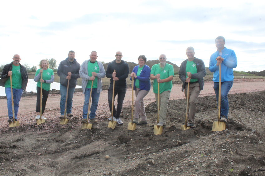 Involved in the groundbreaking were (left) Nick Muir, Jill Brodersen, Brian Hanson (Parks Supervisor), Lowell Heggemeyer (Parks and Recreation Director), Cale Giese, Terri Buck, Jason Karsky, Wes Blecke and Matthew Smith (Olsson-Project Engineer).