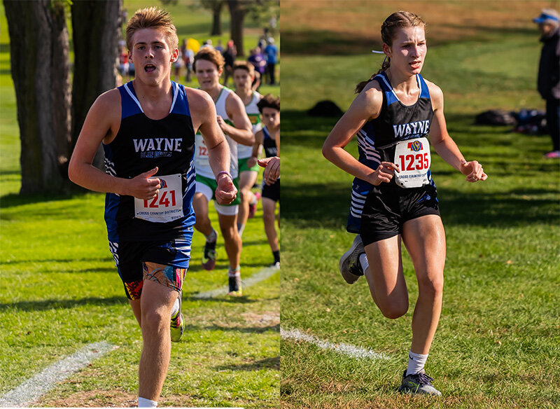 Drew Miller (left) led the Wayne High boys to the C-3 district cross country title while Ava Elliott (right) will represent Wayne as an individual qualifier after action Wednesday at the Wayne Country Club. (Photos by Mary Vanderbeek)