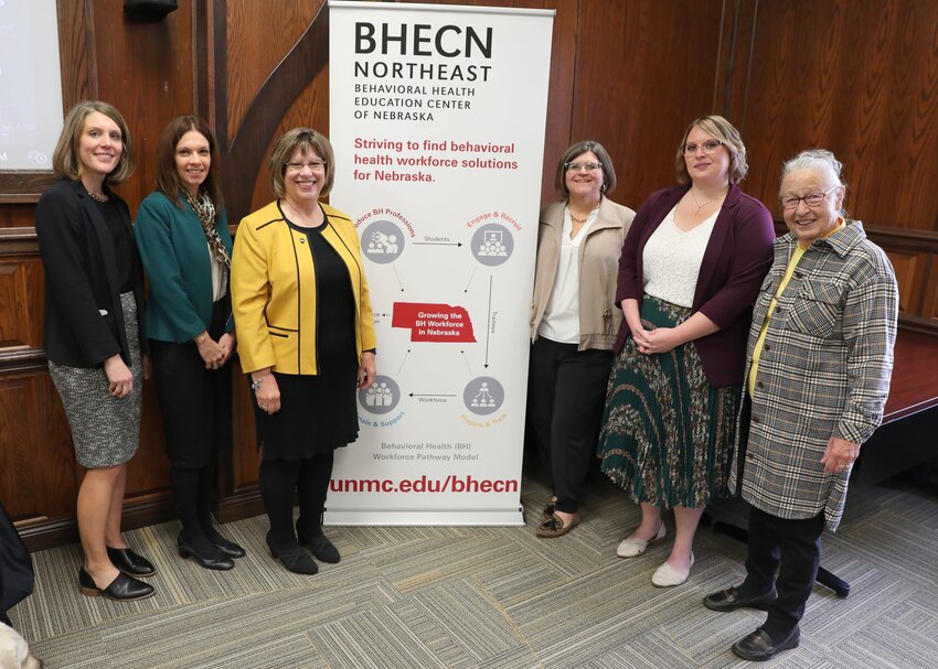 Wayne State College and the Behavioral Health Education Center of Nebraska (BHECN) celebrated the launch of the BHECN Northeast site at Wayne State on Friday, Nov. 3. Pictured from left to right are Erin Schneider, associate director of external relations for BHECN; Dr. Marley Doyle, director of BHECN; Dr. Marysz Rames, president of Wayne State College; Dr. Tina Chasek, associate director of rural development of BHECN; Ciera Afrank, director of BHECN&rsquo;s Northeast site at Wayne State; and Dr. Susan Boust, former director of BHECN.