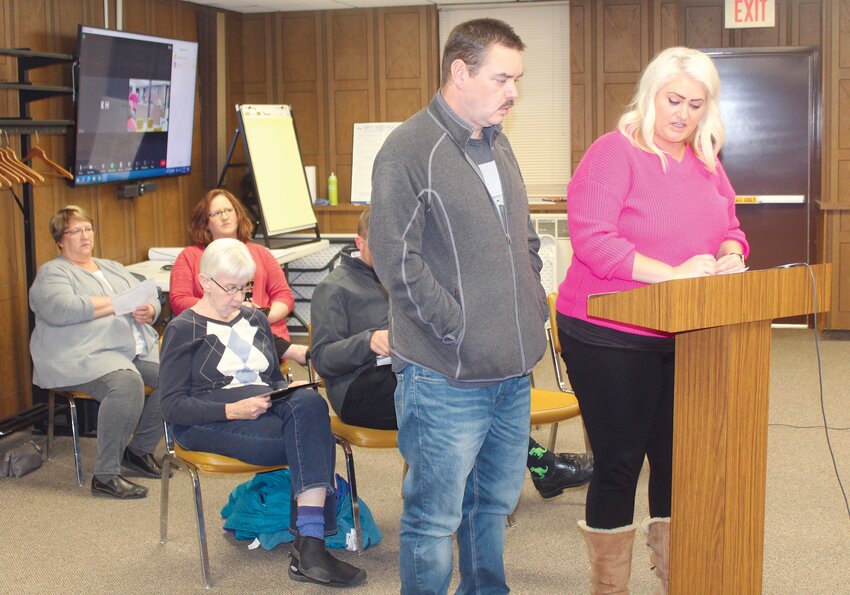 Steve and Brittany Webber spoke to the council on a request for $200,000 in LB840 Revolving Loan funds during Tuesday's Wayne City Council meeting.