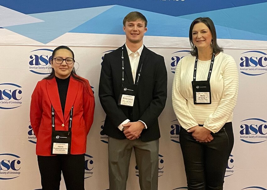 Pictured at the American Society of Criminology&rsquo;s annual meeting are Wayne State College criminal justice majors Vannia Duarte-Camacho (left), Omaha; Bryce Lamb (center), Sargent; and Dr. Molly McDowell, assistant professor of criminal justice at Wayne State.