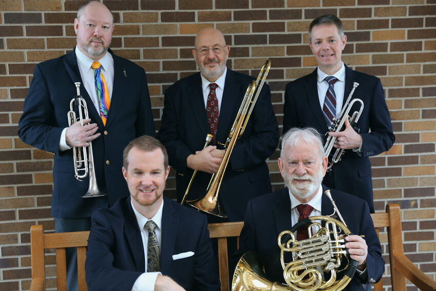 A Touch of Brass will present a concert Sunday, Feb. 4, at Wayne State College. Group members pictured are (back row, left to right) Kevin McLouth, Randy Neuharth, and David Bohnert. In the front row (left to right) are Josh Calkin and Gary Reeves.