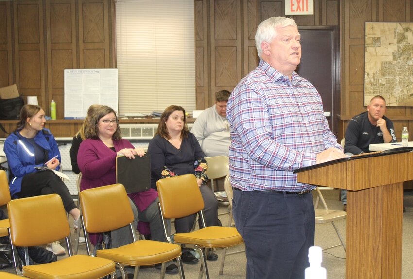 Laurel Mayor Keith Knudsen spoke during Tuesday's council meeting on the request to have the city of Wayne provide water/wastewater services to Laurel until a certified person can be hired.