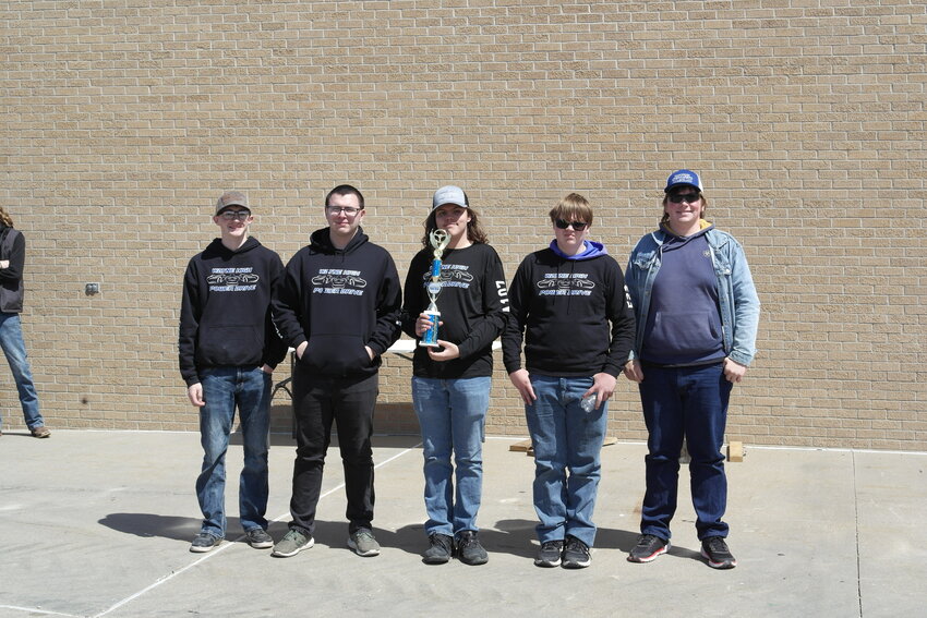 Wayne High's A107 Pit Crew received the Best Pit Crew Award during competition on Saturday. Crew members include (left) Mason Blickenstaff, Wyatt Hawkins, A107 Driver Braden Adams, Tyler Johnson and Allen Brenner.