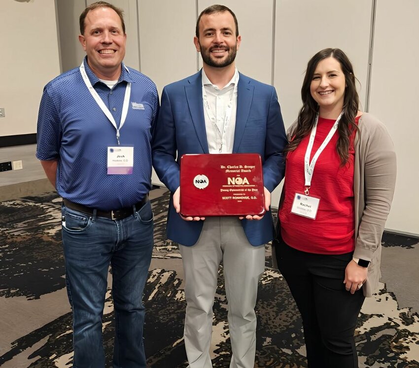 Dr. Scott Ronhovde, center, was awarded the Nebraska Young Optometrist of the YEar Award recently. With him are Dr. Josh Hopkins (left) and Dr. Rachel Sindelar. The three serve patients at Magnuson-Hopkins Eye Care in Wayne