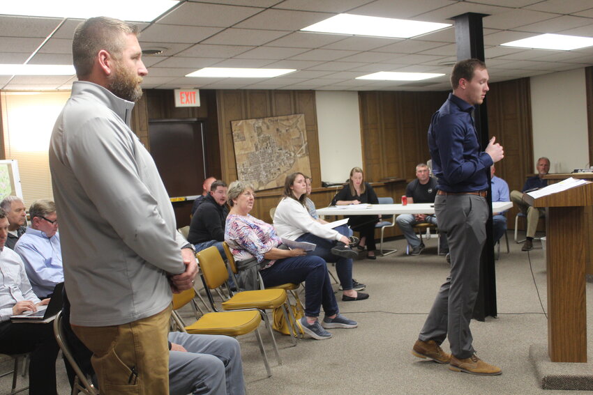 Mitch Sawyer (left) and Isaac Kreikemer talked about plans to redevelop property in the southeast portion of Wayne.