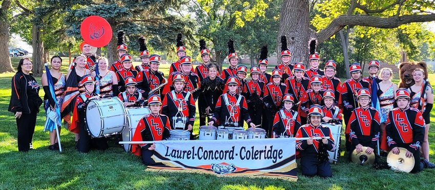 Members of the Laurel-Concord-Coleridge Band include (front row) Jeremiah Kinkaid and Olivia Wright. (second row) Mia O&rsquo;Quinn, Sebastiaan Van Drongelen, Luke Erwin, Derek Nelson, Jolynn Kinkaid, Faith Galvin, Nolan Nordby and Keaton Gregory. (third row)Patti Beyeler, Darly Garcia-Perez, Kylla Klausen, Jaylla Klausen, Mason Kort, Mara Droppers, Kennedy Hall, Emma Sohler(Drum Major), Yasmine Miranda, Lilly Pehrson, Jayden Campbell, Maddy Campbell, Owen Johnson, Hannah Kort, Paul Allison, Kassidy Koch and Stella Kock. (back row) Walker Stone, Dreyson Puppe, Craig Karnes, Koby Detlefsen, Preston Rose, Kolten Settje, Jenna Gewock, Christian Staples, Foster Stone, Alex Allison and Avery Stone(Bear).