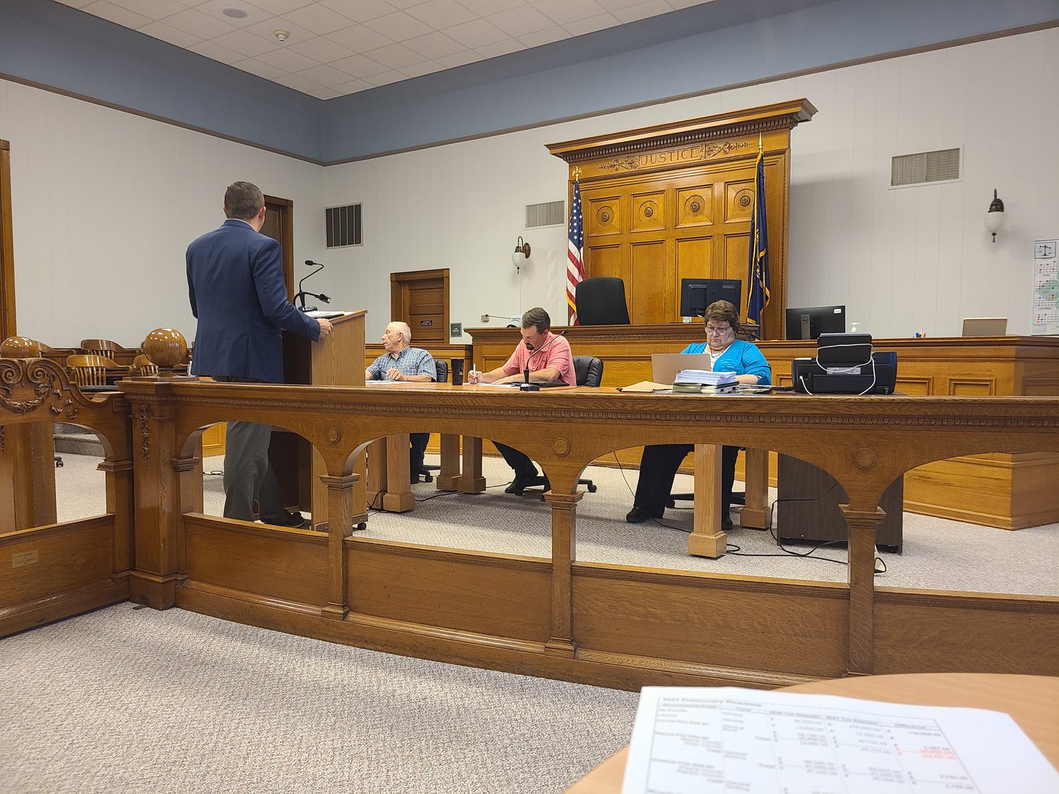 Wayne Area Economic Development Director Luke Virgil (left) discussed his budget request at Tuesday's meeting of the Wayne County Commissioners.