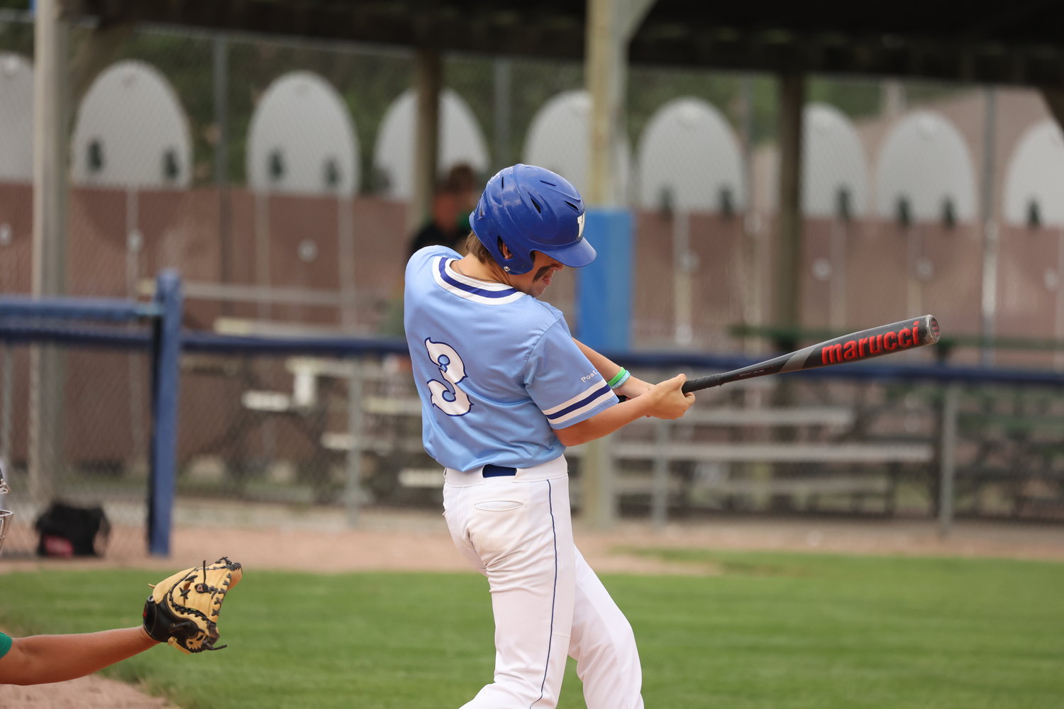 Jase Dean lines a base hit for the Wayne Post 43 Juniors during their final home game of the season last week. The Juniors reached the final four of the B-5 Area tournament in Albion before losing in extra innings to Pierce on Monday night.