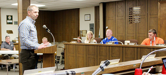 Mike Powicki, representing the Wayne Kiwanis Club, spoke to the Wayne City Council on a request to close a portion of Second Street for the Chicken Show Omelet Feed.