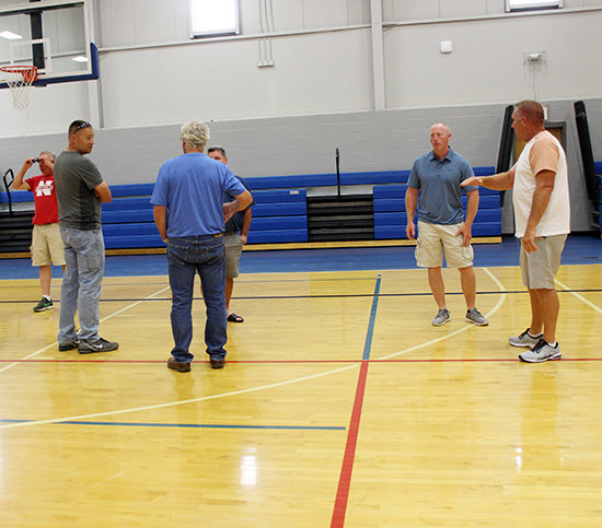 City Recreation Director Lowell Heggemeyer (right) discusses with Council member Matt Eischeid work done in the gym at the Community Activity Center. Council members toured the facility during Tuesday's regular meeting.