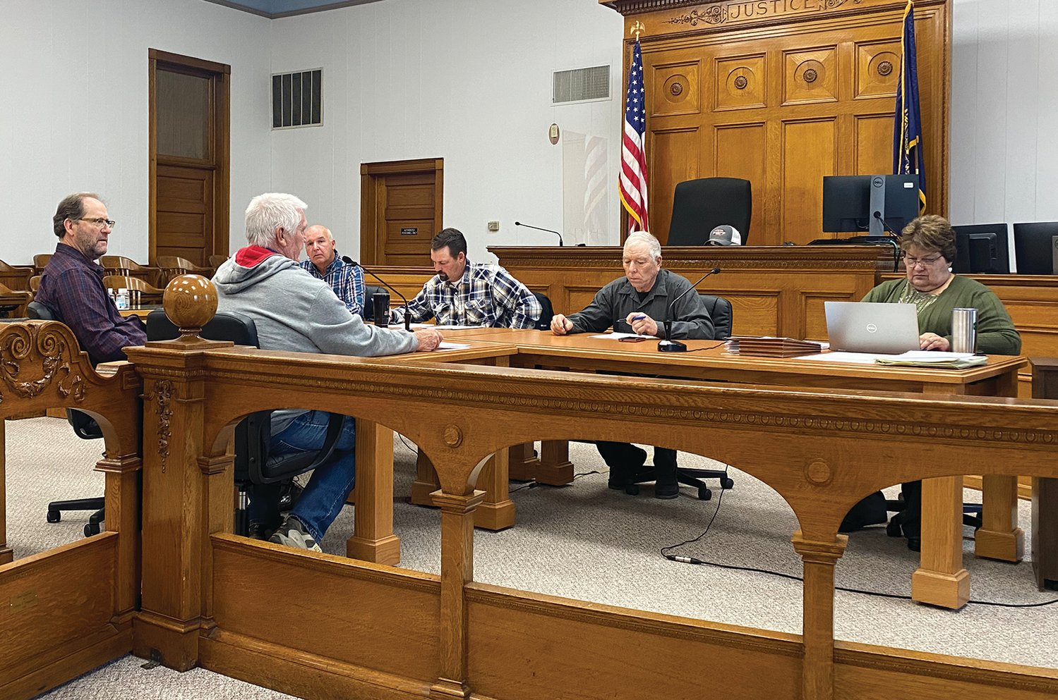 Mark Casey and Mark Mainelli discuss potential bridge projects to send for the County Bridge Match Program during Tuesday's Wayne County Board of Commissioners meeting.