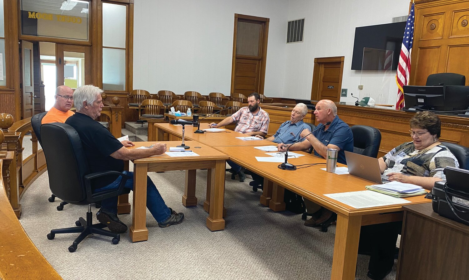 Kyle Huff and Mark Casey (left) discussed culvert bids from B's Enterprises Inc. of Norfolk and the process of bridge inspections. In September, they have six bridges left to inspect and 27 for inspection in October. Casey said so far in the process, no surprises have come up.