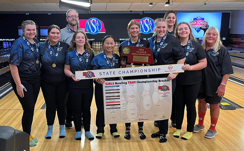 The Wayne High girls won their fourth consecutive state title Tuesday at the Nebraska State Bowling Championships, defeating Elkhorn North in four games. (Photo courtesy Nebraska School Activities Association)